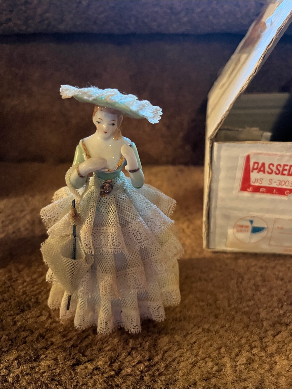 Antique Porcelain Lace Lady Figurine in Cream and Light Green Dresden